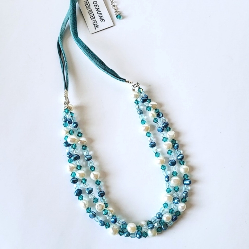 BLUE & WHITE PEARL & AQUA CRYSTAL NECKLACE - TRIPLE STRAND, STERLING CLASP - Picture 2 of 10